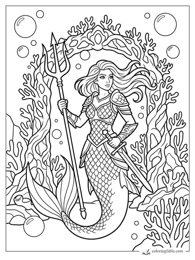 Cartoon mermaid warrior with trident and sword before a coral arch, bubbles, sea plants, and armor.
