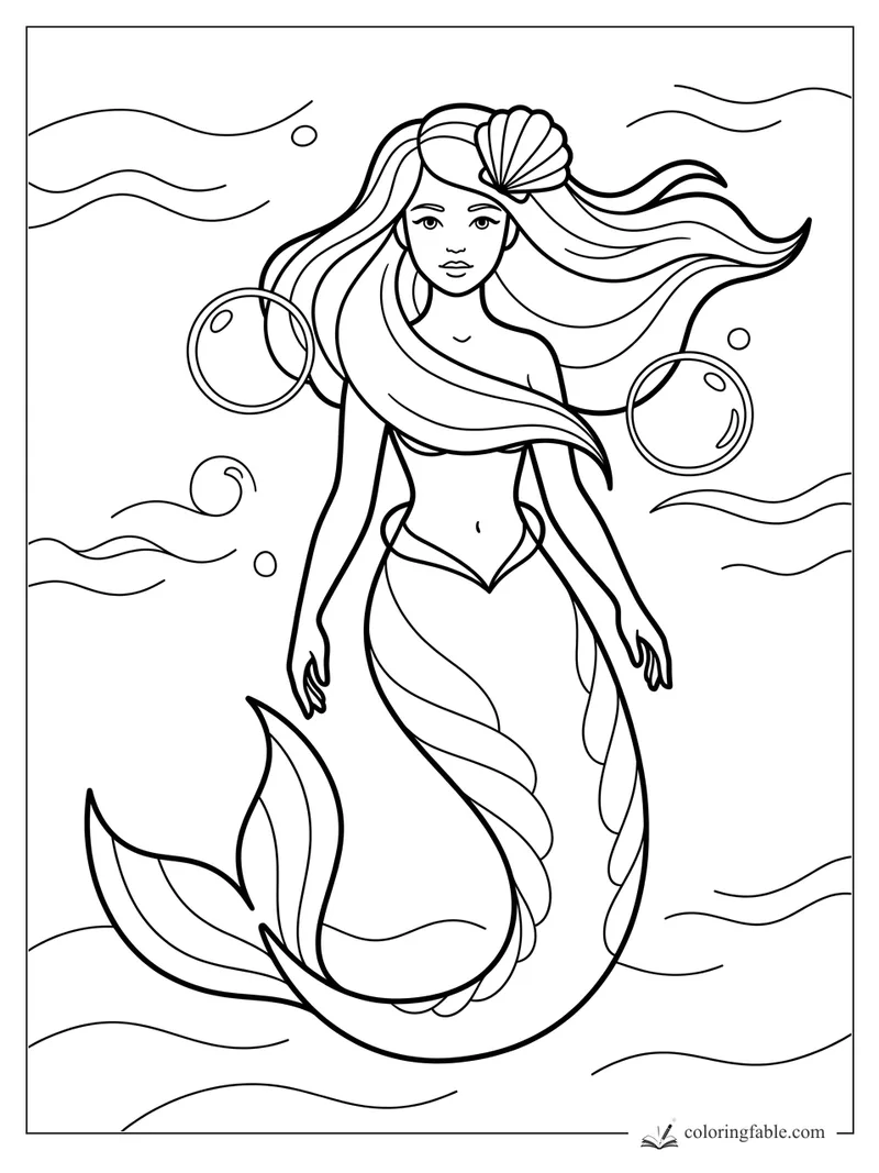 Minimalist mermaid coloring page with flowing hair, seashell crown, bubbles, and wavy water lines.