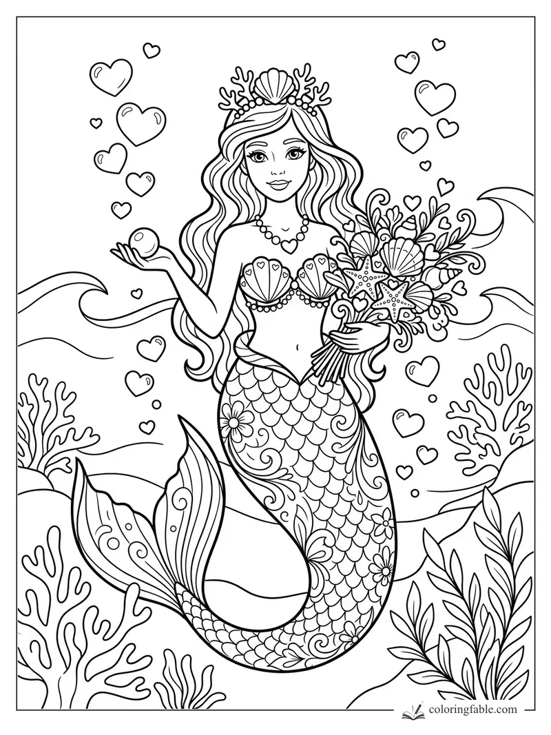 Aesthetic mermaid holding a pearl and a shell bouquet, with heart bubbles, coral, waves, and leafy sea plants.