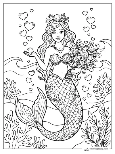 Aesthetic mermaid holding a pearl and a shell bouquet, with heart bubbles, coral, waves, and leafy sea plants.