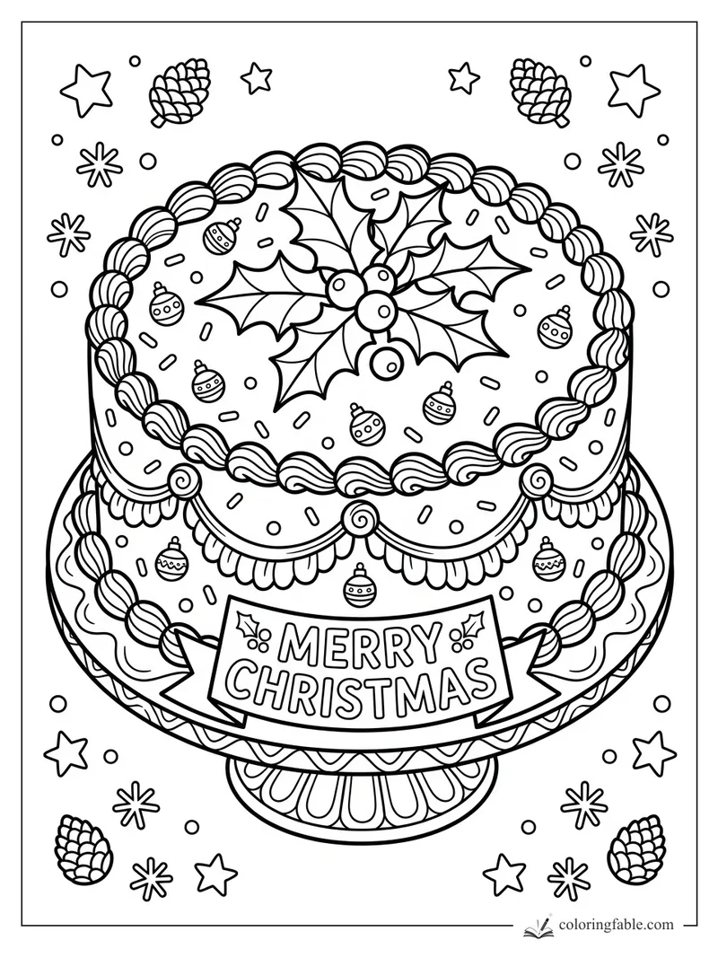 Christmas cake coloring page with holly, ornaments, piped frosting, banner, stars, and pinecones