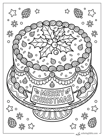 Christmas cake coloring page with holly, ornaments, piped frosting, banner, stars, and pinecones