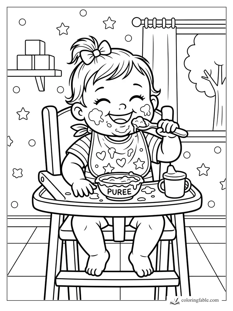 Cartoon baby in a high chair eating puree, with a spoon, sippy cup, bib, window, shelf blocks, stars, and splashes.