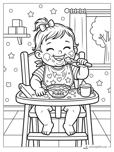 Cartoon baby in a high chair eating puree, with a spoon, sippy cup, bib, window, shelf blocks, stars, and splashes.