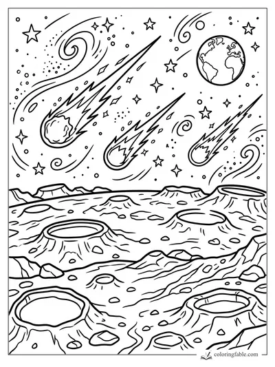 Cartoon meteor shower streaking above a cratered moon landscape with Earth, stars, and spiral galaxies.