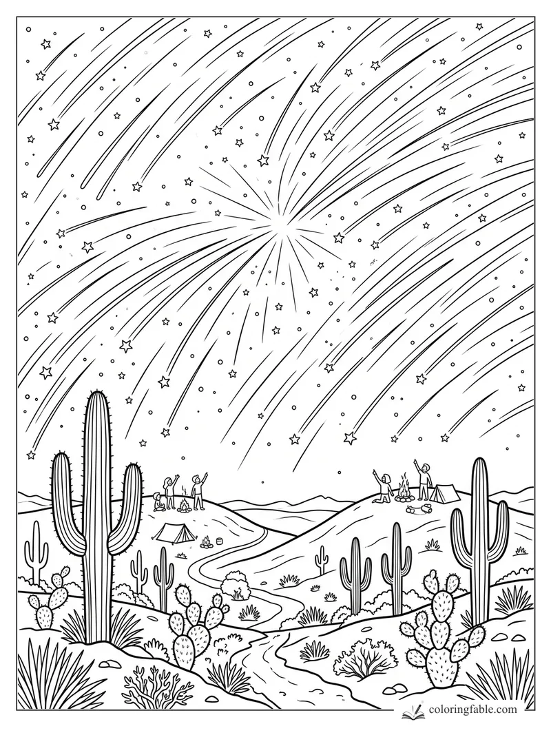 Desert campers watch a meteor shower above saguaro cacti, tents, hills, and a winding wash.