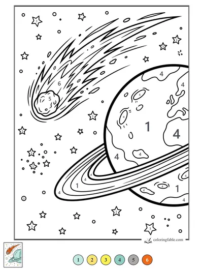 Meteor Streaking Past a Ringed Planet — color by number