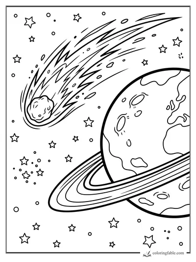 Meteor with fiery tail flying past a large ringed planet, stars, and space rocks coloring page