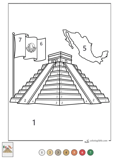 Mexico Flag, Map, and Pyramid — color by number