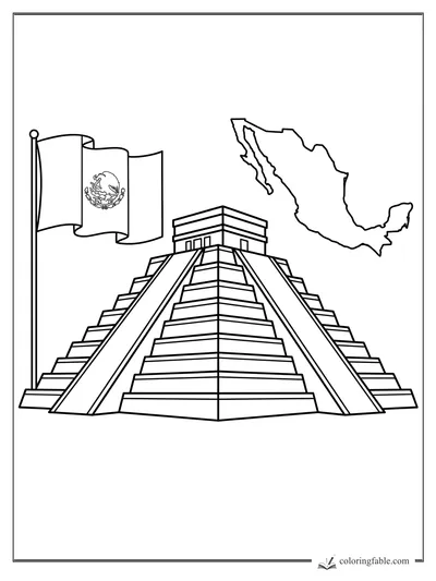 Mexico coloring page with flag, country outline, and stepped pyramid