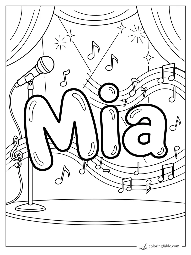 Mia name coloring page with bubble letters, microphone, curtains, music notes, and sparkles