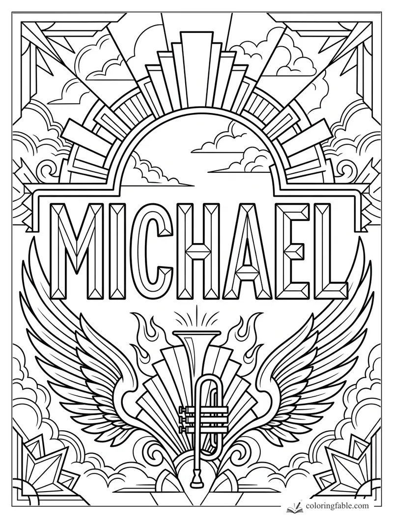 Art deco Michael name coloring page with winged brass instrument, sunburst arch, clouds, and geometric flames