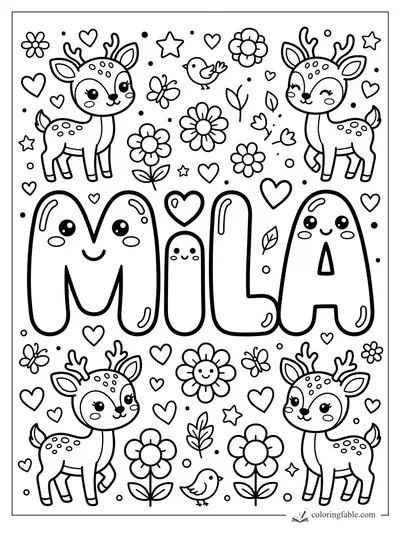 Mila name coloring page with four kawaii fawns, flowers, hearts, stars, birds, and butterflies.