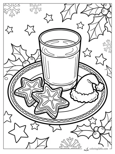 Christmas coloring page with a glass of milk, star cookies, Santa hat, holly, stars, and snowflakes.