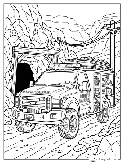 Mine rescue truck with roof stretcher, winch, gear compartments, tunnel entrance, cliffs, and overhead cables.