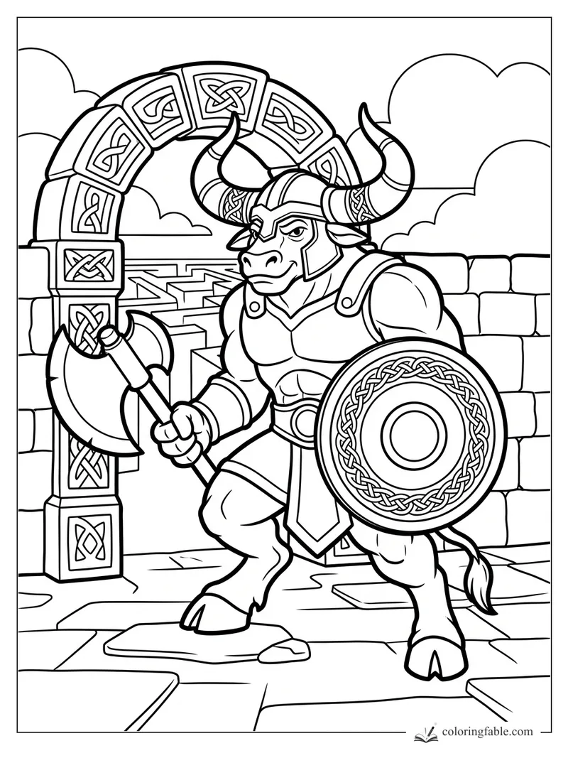 Minotaur warrior with axe and round shield stands under a Celtic knot arch at a stone maze gate.