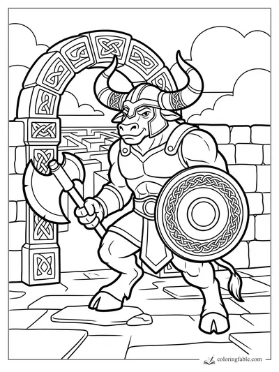 Minotaur warrior with axe and round shield stands under a Celtic knot arch at a stone maze gate.