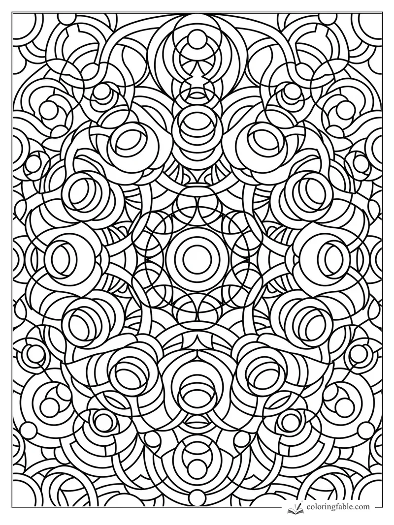 Intricate geometric coloring page with mirrored circles, arcs, ovals, and nested loop patterns.