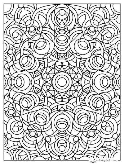 Intricate geometric coloring page with mirrored circles, arcs, ovals, and nested loop patterns.