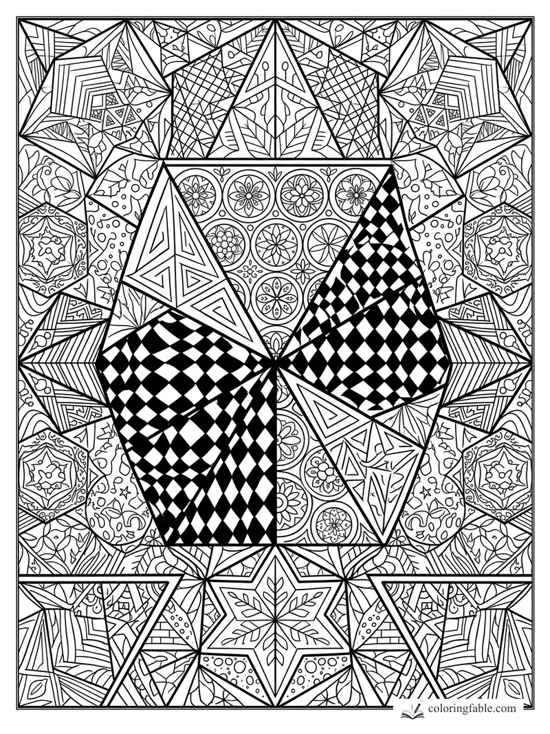 Intricate zentangle pattern with mirrored crystals, checkerboard facets, flowers, stars, and triangles