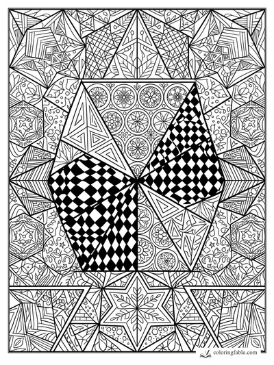 Intricate zentangle pattern with mirrored crystals, checkerboard facets, flowers, stars, and triangles