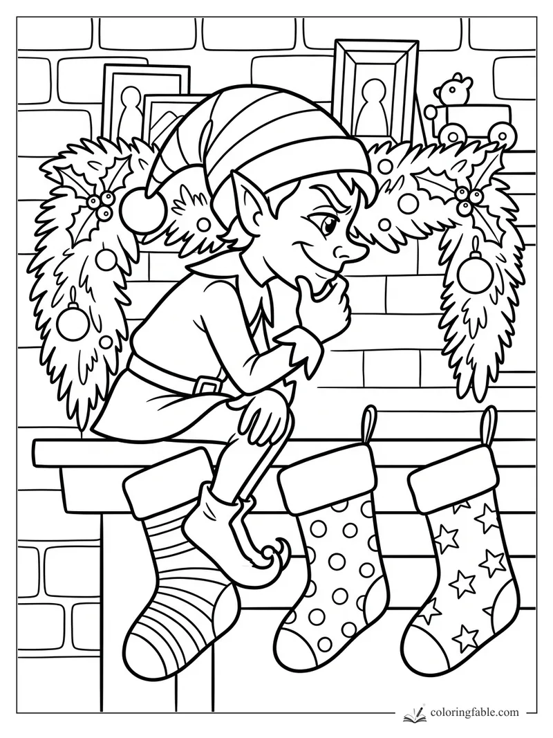Cartoon elf grinning on a garland-covered fireplace with three patterned stockings and toy train decor