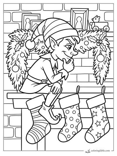 Cartoon elf grinning on a garland-covered fireplace with three patterned stockings and toy train decor