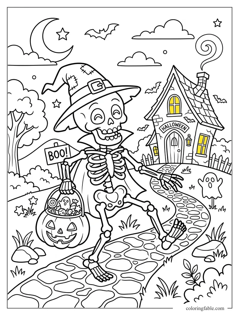 Cartoon skeleton in a witch hat carrying a BOO sign and pumpkin bucket by a haunted Halloween house