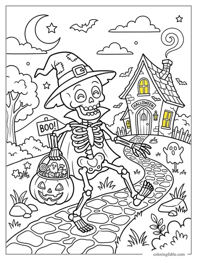 Cartoon skeleton in a witch hat carrying a BOO sign and pumpkin bucket by a haunted Halloween house