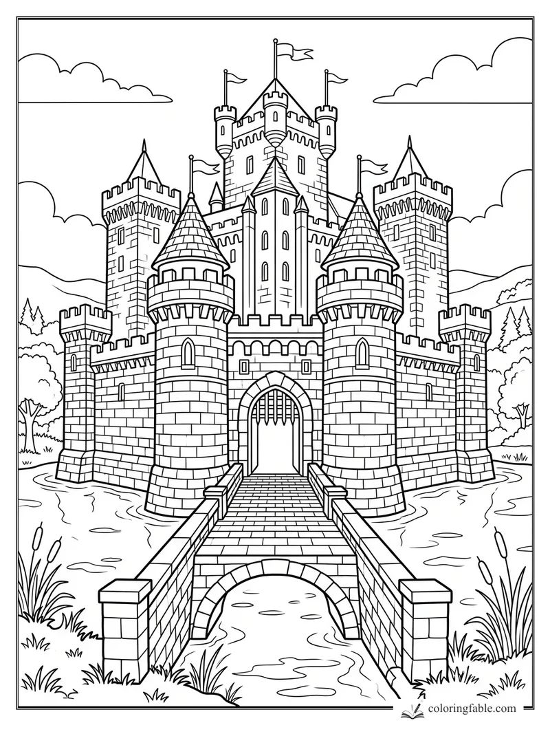 Detailed castle coloring page with moat, stone bridge, flags, towers, clouds, trees, and cattails.