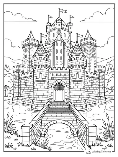 Detailed castle coloring page with moat, stone bridge, flags, towers, clouds, trees, and cattails.