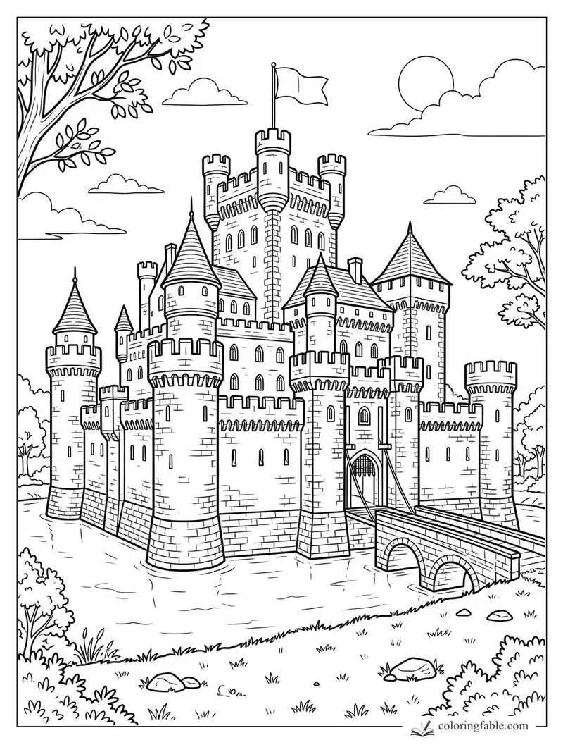 Realistic castle coloring page with moat, bridge, towers, flag, trees, clouds, and sun.