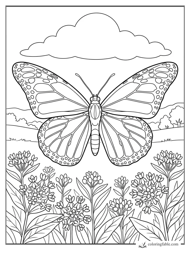 Monarch butterfly with patterned wings flying over wildflowers under a large cloud