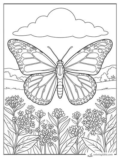 Monarch butterfly with patterned wings flying over wildflowers under a large cloud
