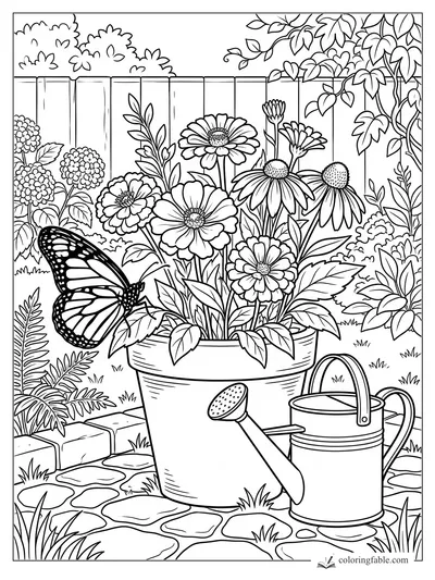 Monarch butterfly by a potted flower garden, watering can, fence, vines, and stone path