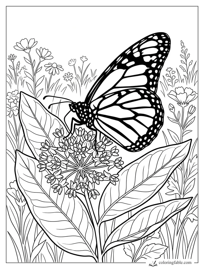 Realistic monarch butterfly feeding on milkweed flowers among tall meadow leaves and wildflowers