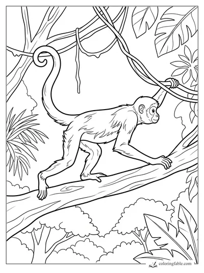 Realistic monkey stepping along a thick jungle branch with curling tail, vines, and tropical leaves