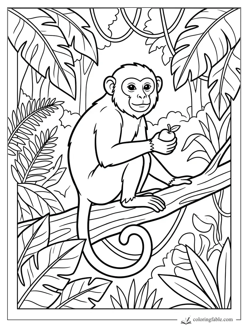 Smiling monkey holding fruit while sitting on a branch among jungle leaves and vines