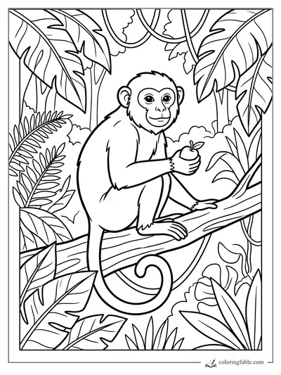 Smiling monkey holding fruit while sitting on a branch among jungle leaves and vines
