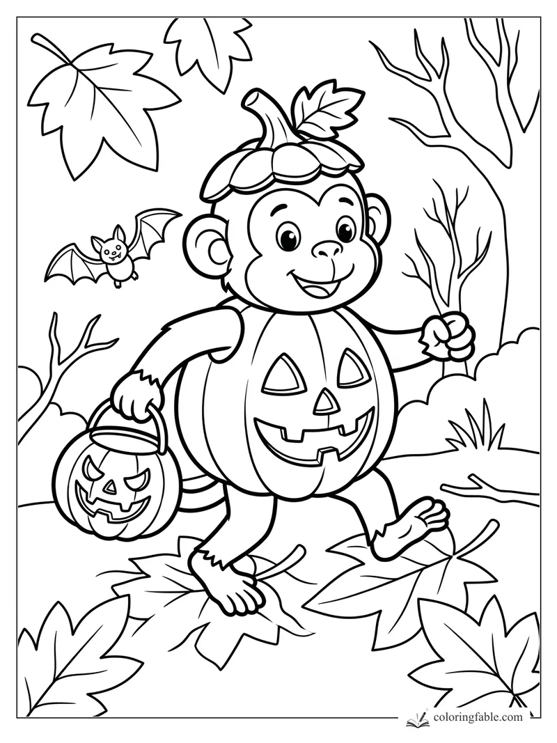 Cartoon monkey in a pumpkin costume carrying a jack-o'-lantern bucket with bats, leaves, and bare trees.