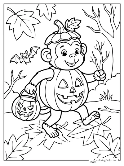 Cartoon monkey in a pumpkin costume carrying a jack-o'-lantern bucket with bats, leaves, and bare trees.