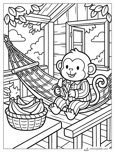 Smiling monkey peeling a banana beside a hammock and basket of bananas on a leafy treehouse porch