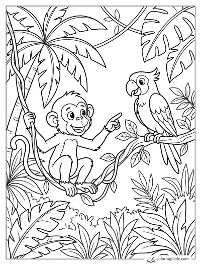 Smiling monkey on a vine pointing at a parrot perched on a leafy jungle branch
