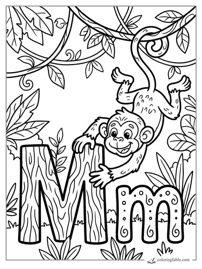 Cartoon monkey swinging from vines above wooden uppercase M and dotted lowercase m in the jungle