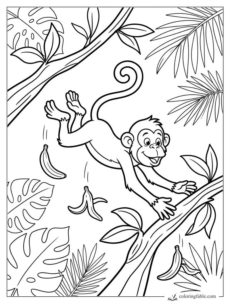 Cartoon monkey swinging between jungle branches as bananas fall among palm and monstera leaves