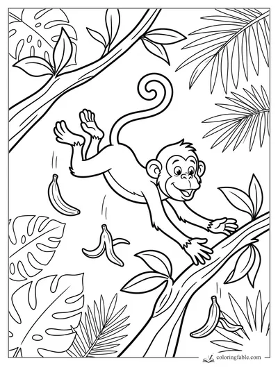 Cartoon monkey swinging between jungle branches as bananas fall among palm and monstera leaves