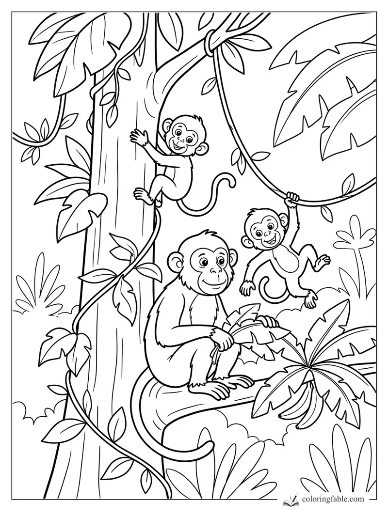 Cartoon monkeys in a jungle tree with hanging vines, broad banana leaves, and leafy branches