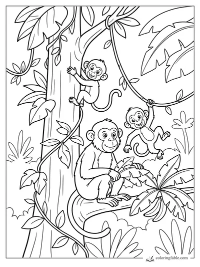 Cartoon monkeys in a jungle tree with hanging vines, broad banana leaves, and leafy branches
