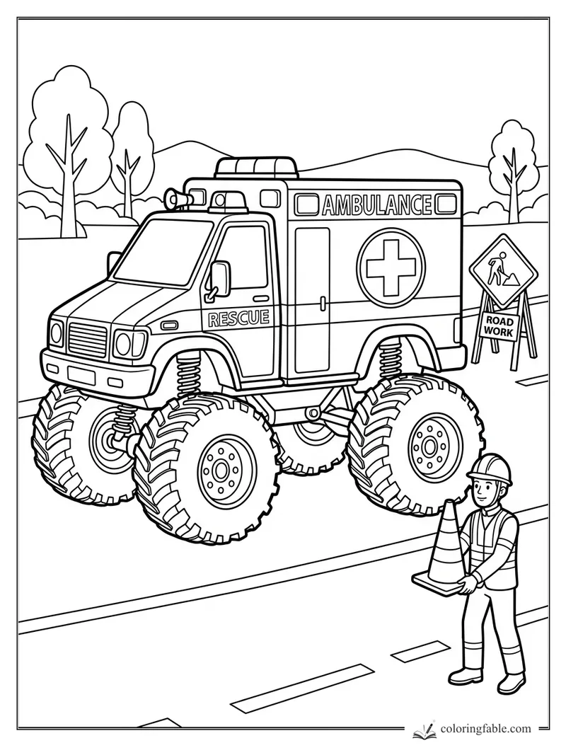 Monster ambulance truck with giant tires beside a road worker, cone, and road work signs