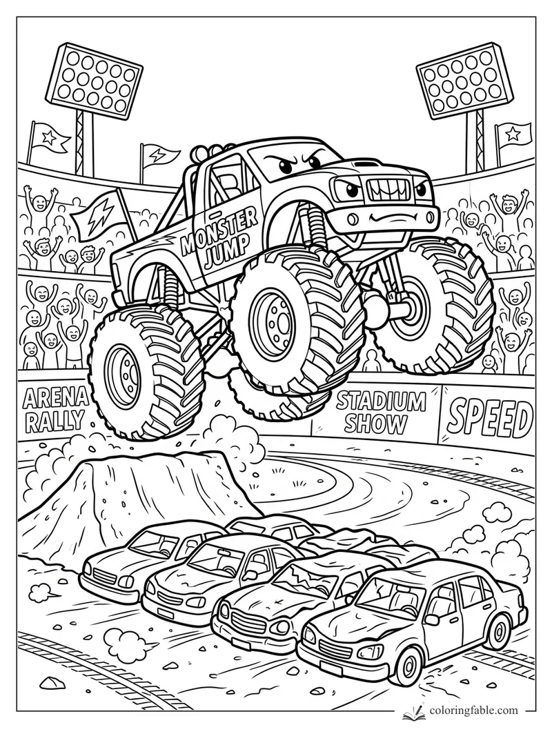Cartoon monster truck jumping over crushed cars in a stadium rally with cheering crowd and lights